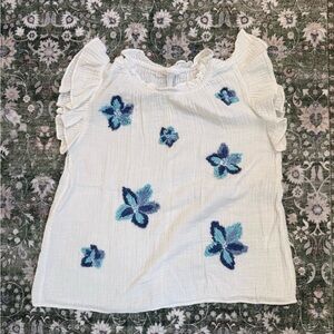 THML White Ruffle Sleeve Top with Blue Floral Embroidery